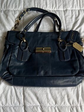 Coach Navy Leather Satchel with Gold Hardware and Detachable Strap